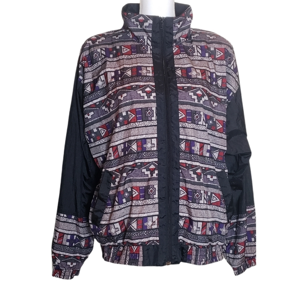 Vintage Geometric Aztec Print Windbreaker Jacket Size XL Nylon Zip Up Coat